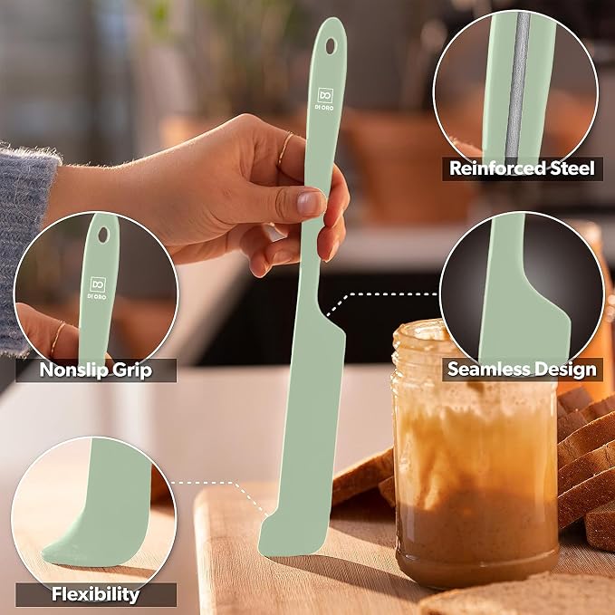 DI ORO Silicone Jar Spatulas for Scraping - Rubber Spatulas Silicone Heat Resistant - Kitchen Spatulas Nonstick Cookware Safe - Silicone Utensil Set for Blenders, Mixing, Baking, & Makeup (5pc, Sage)