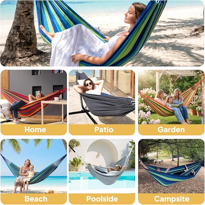 ANYOO Cotton Hammock Portable Camping Hammocks for Hanging Sturdy Garden Comfortable Fabric Hammock with Tree Straps Up to 660lbs with Travel Bag for Camping Outdoor/Indoor Patio Backyard