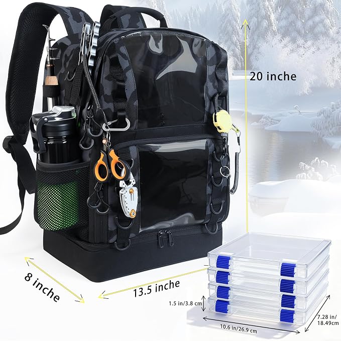 Fishing Tackle Backpack with 4 Tackle Boxes,45L Large Tackle Bag with 2 Rod Holders & Clear Window,Outdoor Fishing Backpack for Fishing,Camping,Hiking,Camouflage
