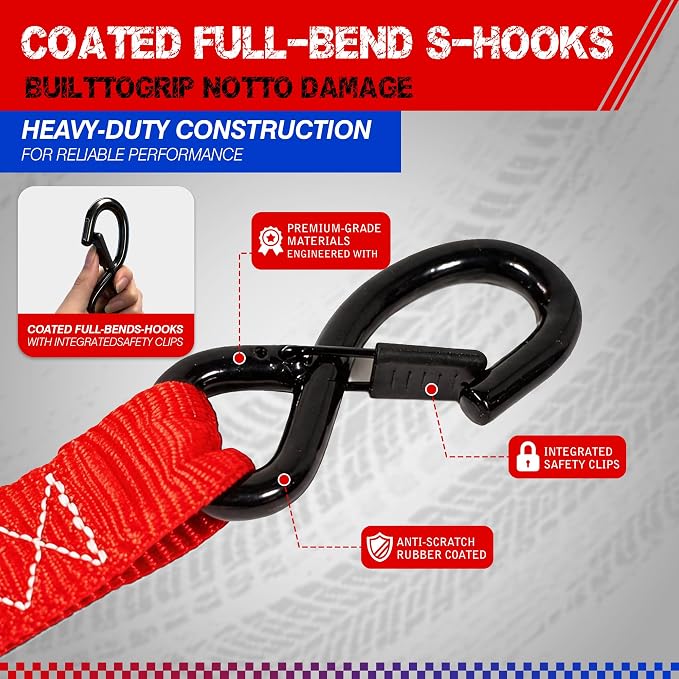 Ratchet Tie Down Straps, 5280lbs Break Strength, 1.6" x 16' Heavy Duty Ratchet Tie Down Strap Set with Padded Handles, Coated S Hook, Soft Loop for Trucks, ATV, UTV, Motorcycle, Cargo & More -Red