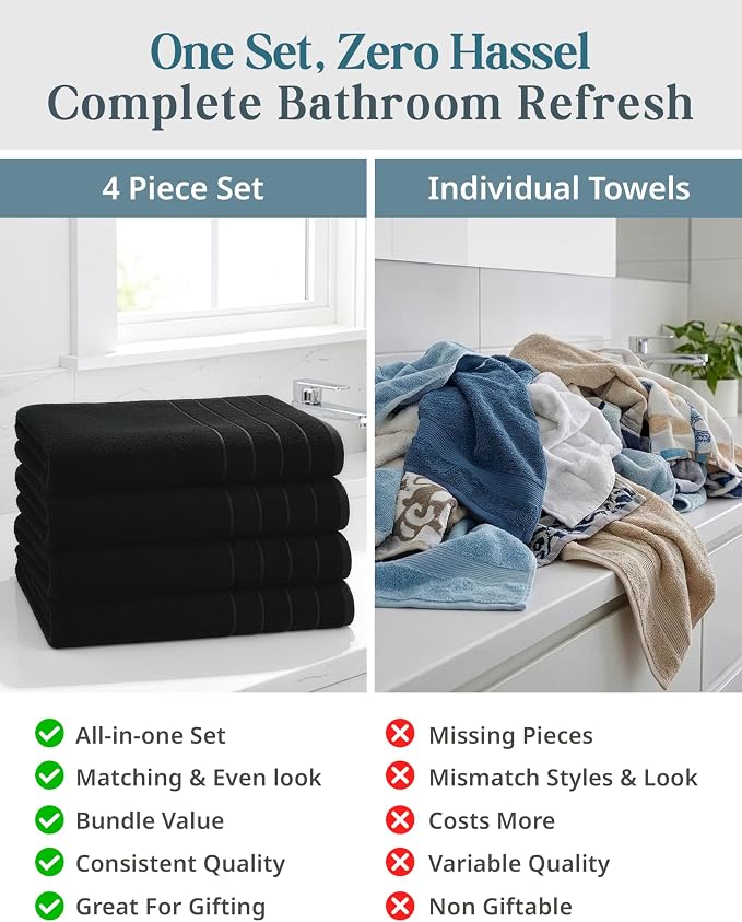 Casa Platino Bath Sheet Towel Set, 4 Pack Bath Sheet(36"x 72"), 100% Ring Spun Cotton Bath Sheets, Lightweight Black Bath Sheet, Highly Absorbent Black Towels, Quick Drying Towels Set, Soft Towel