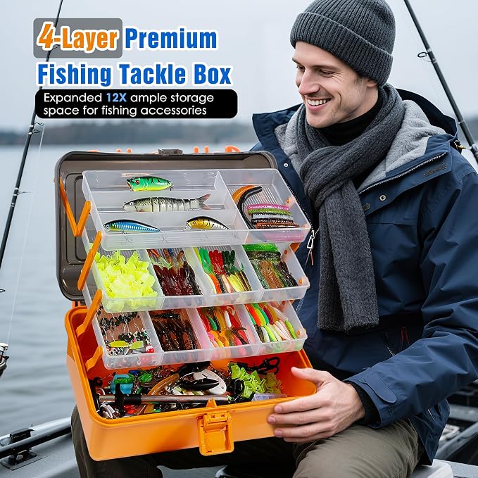 560PCS Fishing Lures Kit with Large 4-Layer Tackle Box, Complete Freshwater Bass Fishing Gear Set with Pliers, Hooks, Crankbait, Sinkers, Jigs, Weights & More Accessories, Gifts for Men