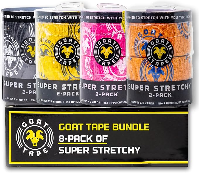 Goat Tape Super Stretchy Thumb Tape - Weightlifting Hook Grip Tape & WOD Tape for Cross Training, Gym Workout Tape, Athletic Finger Wrap - Flexes with Every Move - 15 Feet per Roll (All Colors 8-Pack)