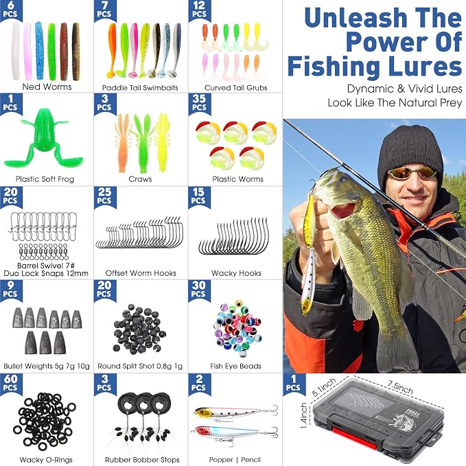 RoundFunny 256 Pcs Fishing Backpack with Tackle Box Gears, Tackle Sling Bag Backpack, Fishing Hook, Lures, Retractable Landing Net, Plier, Lip Gripper, Hook Remover, Fish Gift Men
