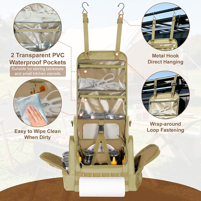 Large Camp Kitchen Organizer with Paper Towel Holder,Hanging Camping Storage Organizers with Metal Hook, Camping Utensil Bag for BBQ Cooking Essentials, With a Canvas Bag for Picnic Pot, Khaki