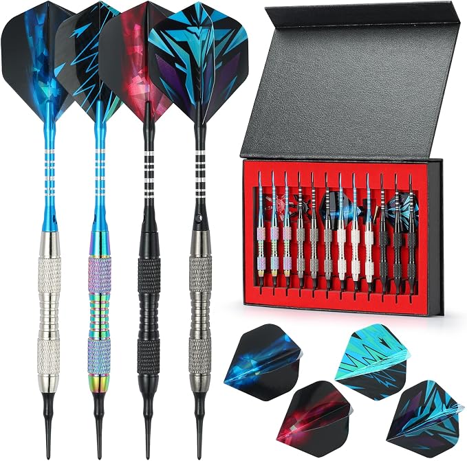 Soft Tip Darts Set with Gift Box Dart Case Professional Darts Plastic Tip with 100 Dart Tips 12 Shafts 24 Flights Tool Kit Flight Protectors for Electronic Dart Board