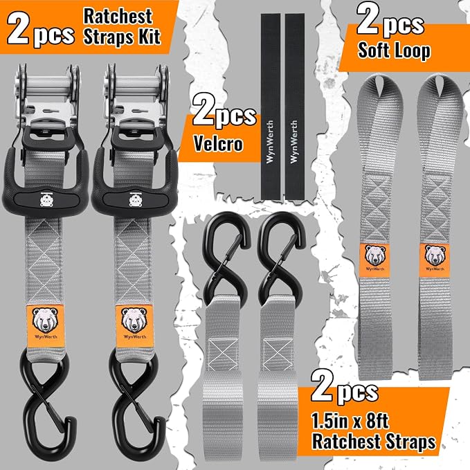 2 Pack Ratchet Straps,Heavy Duty Powersports Tie Downs Load Straps,5208lbs Break Strength 1.5in x 8ft with Safety S Hooks and Soft Loops for Motorcycle Truck Cargo Roof Rack,Break Strength, Grey