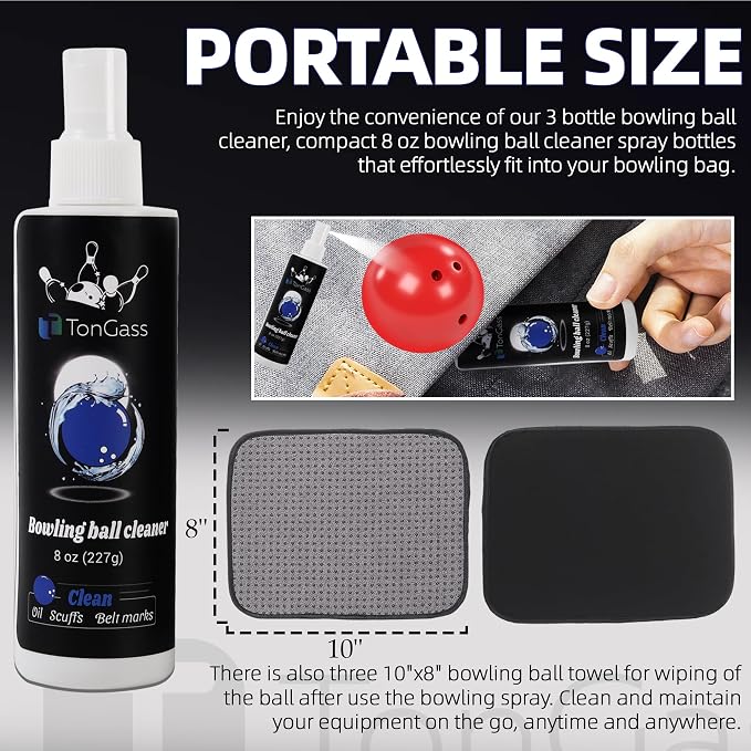 TonGass (3+3 Pack Bowling Ball Cleaner Spray Kit with Bowling Towel (Grey), Portable Bowlings Cleaner Set Accessories, Oil Scuff Mark Cleaners, Restores Tack and Prolongs Lifespan of Balls