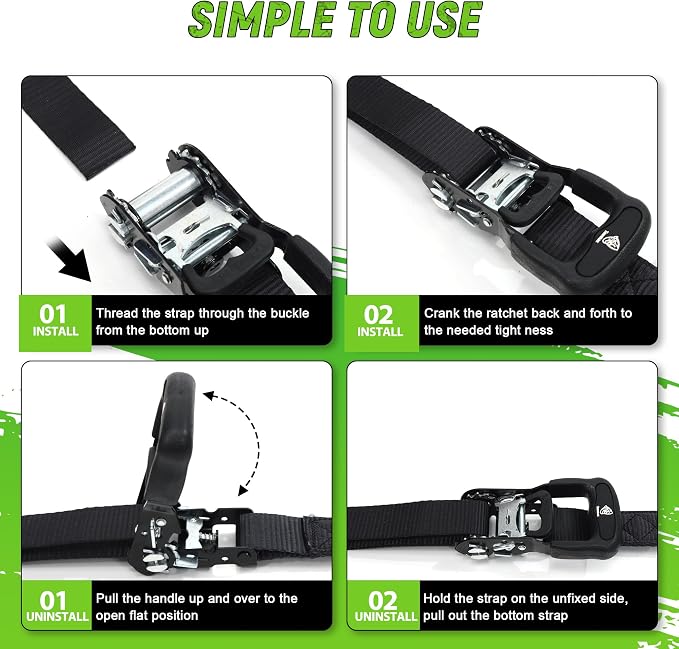 Heavy Duty Ratchet Straps (4 Pack) - Motorcycle Straps Tie Downs 5,208lb Break Strength - 1.5 in x 15ft Ratchet Tie Down Straps,15" Soft Loop Tie Down Straps for Truck, Cargos
