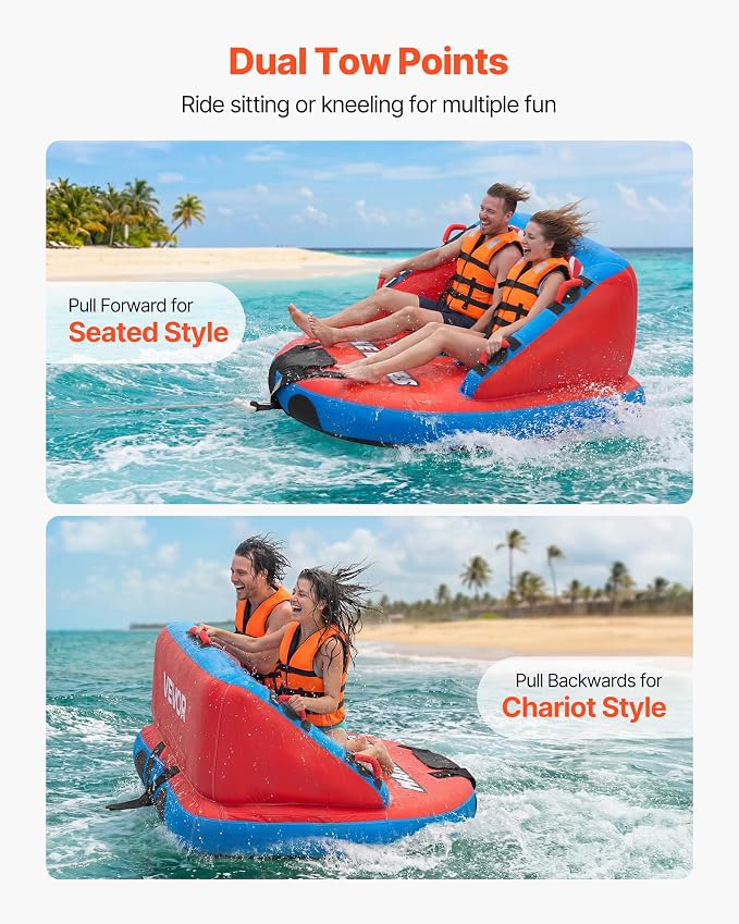 VEVOR Towable Tubes for Boating, 2-Rider Inflatable Towable Tube for Boat to Pull, 340 lbs Capacity Water Sports Boating Tubes - with Full Nylon Cover, Dual Tow Points, Safety Valve & Padded Handles