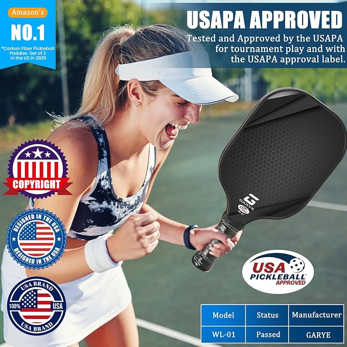 GARYE Pickleball Paddles Set of 2 or 4, USAPA Approved Carbon Fiber Pickleball Set, Lightweight Pickle Ball Rackets 2 Pack with 6 Balls, 1 Bag, Pair of Grip Tapes, Pickle Ball Paddle for Men and Women