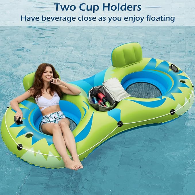 Jasonwell Inflatable River Tube Float - 2 Person Heavy Duty River Float Pool Floats with Removable Cooler Lake Water Tubes for Floating River Raft Lounge Floatie with 2 Cup Holders for Adults (YG)