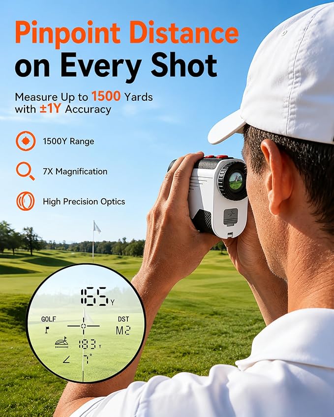 Golf Rangefinder with Slope, 1500 Yards Laser Range Finder with Flag Lock Vibration, 7X Magnification, Rechargeable Golf Rangefinder with Magnetic Mount, Fast Accurate Distance for Golf & Hunting