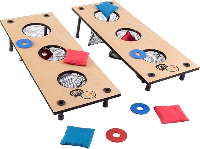 HEY! PLAY! 2-in-1 Washers Game and Bean Bag Toss Set - Indoor or Outdoor Classic Wooden Team Backyard and Tailgate Party Games for Kids and Adults