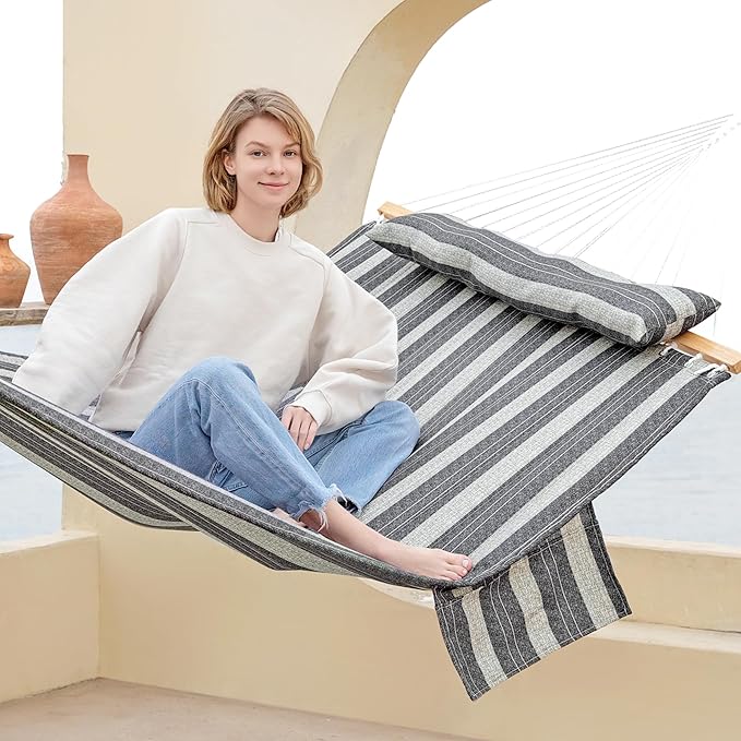 GAFETE Hammock 2 Person Quilted Fabric Hammocks for Outside, Double 12ft Hammocks with Spreader Bar, Large Removable Pillow, Storage Bag, Carabiners, Max 475 lbs Capacity (Mountain Mist Gray)