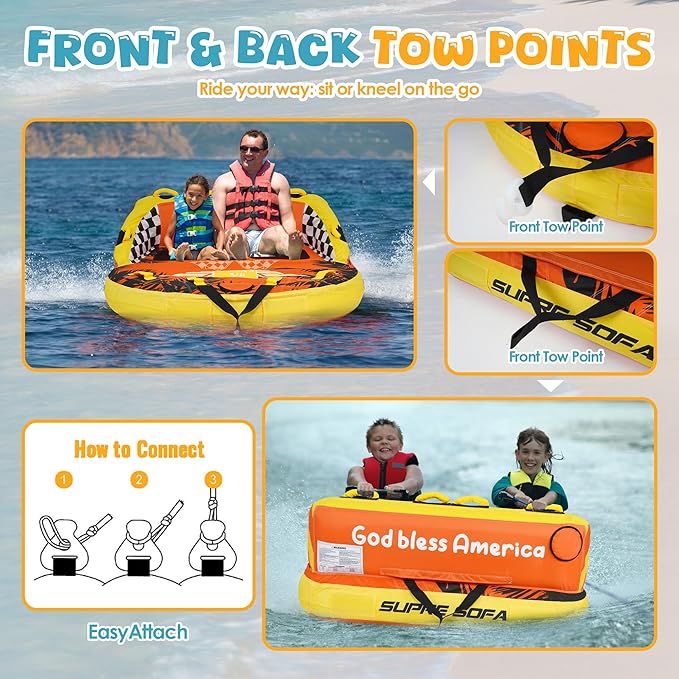 Towable Tubes for Boating - 2-3 Person Shark Battle Tank, Boat Tubes & Towables, EVA Foam Pads, Drainage, Super Safe Handle, Quick Connector