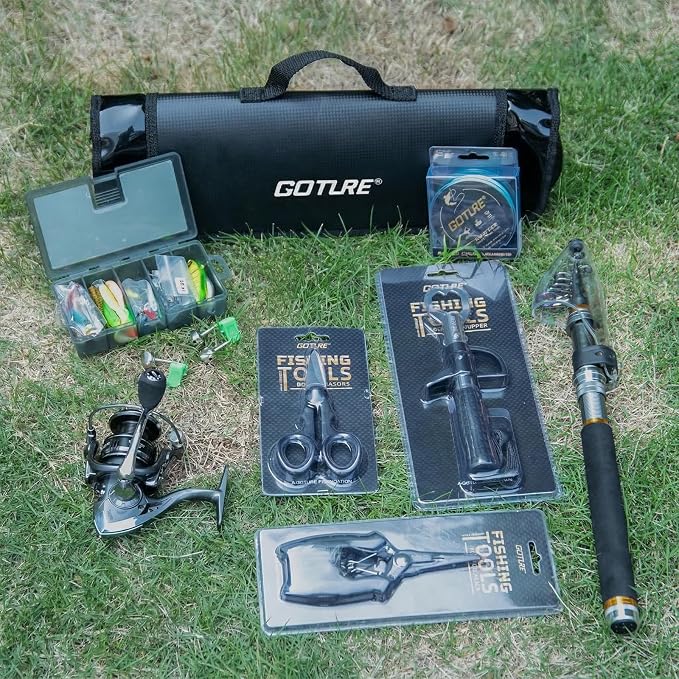 Goture Telescopic Fishing Rod and Reel Combo with Carrier Bag,1.8M-2.7M | Carbon Fiber Pole,5.2:1 Spinning Reel,Line,Pliers,Fish Gripper,Scissors,Lures Set, for Starter Travel Saltwater Freshwater