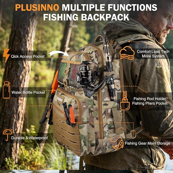 PLUSINNO Fishing Gear, Fishing Backpack with Fishing Rod, Tackle Box, Waterproof Tackle Backpack with Rod Holders,Lures, Tools, Pliers & Accessories, Fish Gifts for Men