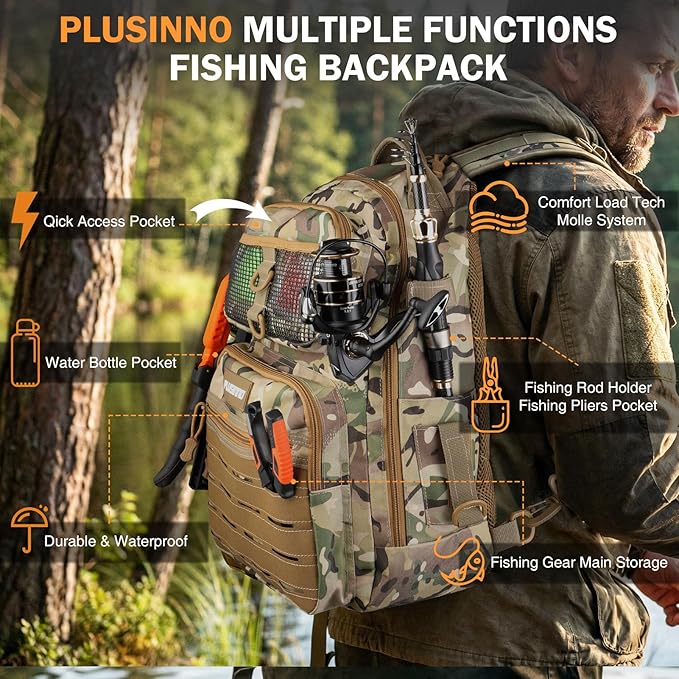 PLUSINNO Fishing Gear Fishing Backpack with Tackle Box, Waterproof tackle Backpack with Rod Holders, Lures, Tools, Pliers & Accessories, Fish Gifts for Men