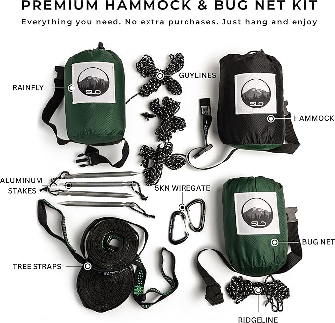Camping Hammock with Bug Net and Rain Fly – Durable Ripstop Nylon Construction with 12’ Tree Straps, 5kn Carabiners, Tent Stakes and Waterproof Carry Bag