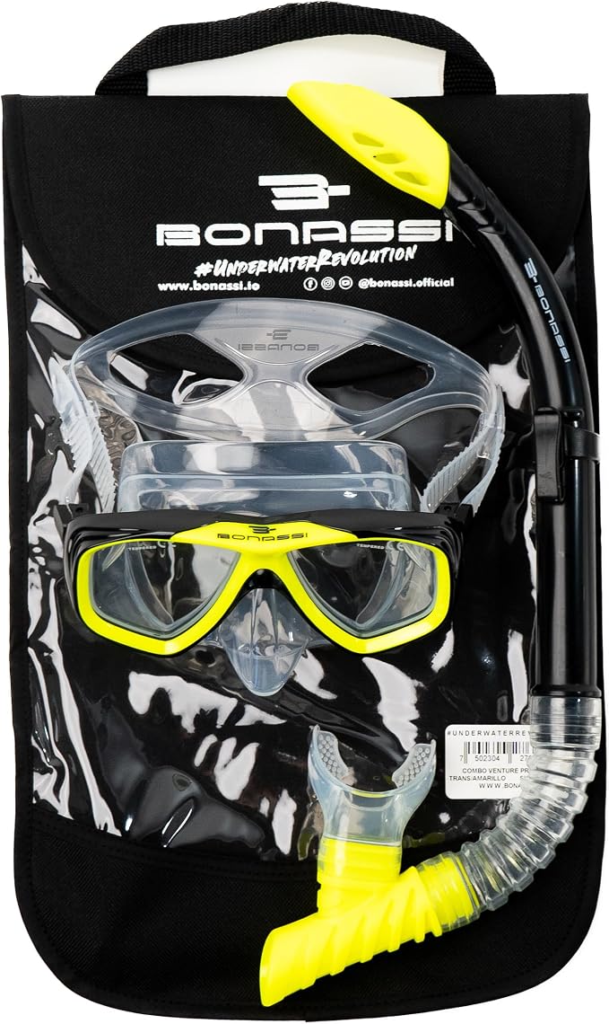 Bonassi Silicon Venture Pro Snorkel Combo with Reusable Bag - Anti-Fog Silicon Soft Mask, Snorkel with Purge Valve, Semi-Dry Top and Silicon Mouthpiece - Perfect for Diving and Snorkeling