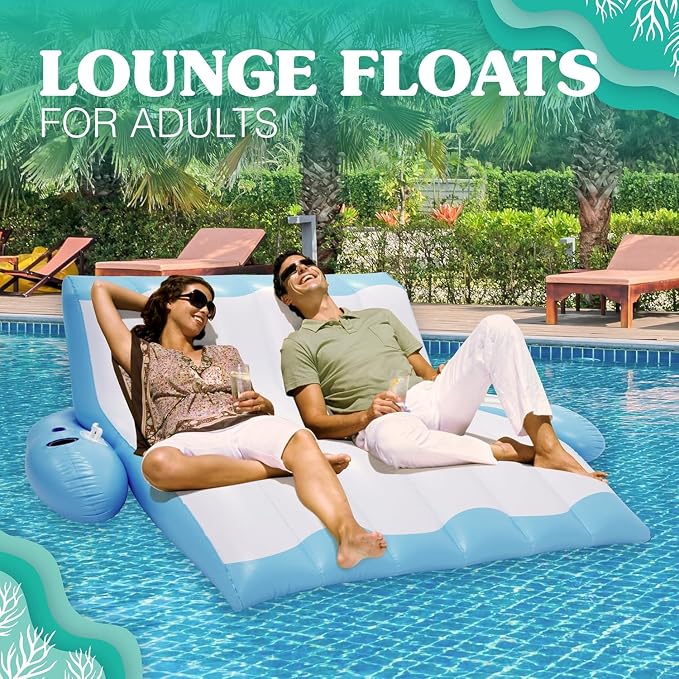 4E's Novelty Two Person Inflatable Pool Recliner Adult Pool Lounger Float with Cup Holder - Heavy Duty Lounger for Adults Floating Recliner Blow Up Floaties Water Floaty Lake Beach Tanning Float