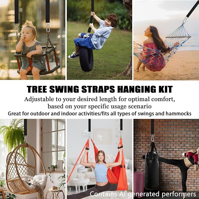 Adjustable Tree Swing Straps Hanging Kit (Set of 4) Hammock Straps for Trees - Great for Hammock Tree Straps and Tree Straps for Swing, Adjustable 6FT Supports 2000 lbs