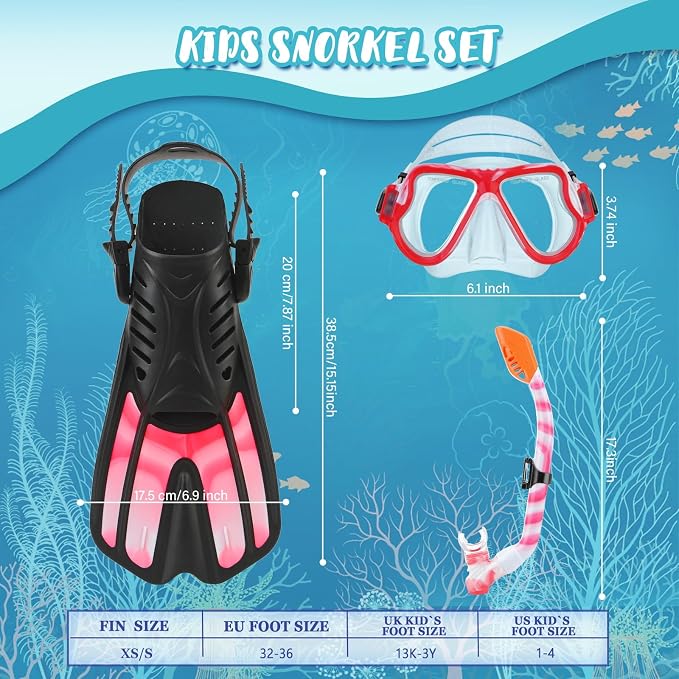 Snorkeling Gear for Kids, 4 in 1 Child Mask Fins Snorkel Set with Panoramic View Anti Fog Mask, Dry Top Snorkel, Trek Fins and Travel Bag, Kids Snorkeling Set with Fins for Snorkeling Swimming