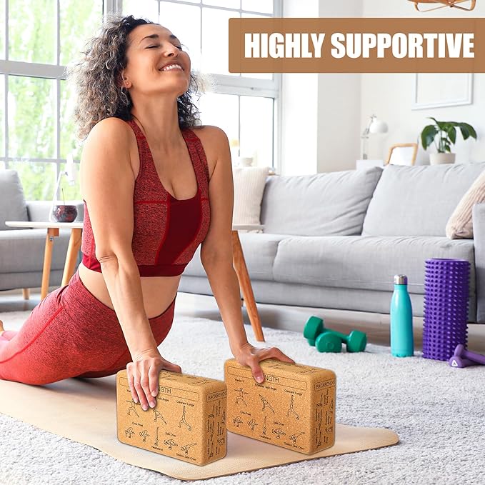 Halloscume Cork Yoga Blocks 2 Pack Yoga Poses Teaching Cork Blocks, Suitable Poses for Beginners and Experts High Density Block with Non Slip Surface for Better Support, Balance Comfort (Beige)