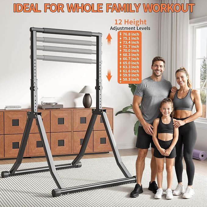 Foldable Power Tower Dip Station for Pull Ups, 58.3"-76.8" 12 Level 700 LBS, Adjustable Dip Handles & Assistance Bands Foldable Home Gym Equipment