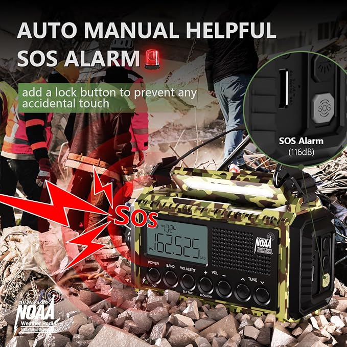 Emergency Weather Radio,12000mAh/44400mWh Solar Hand Crank AUTO NOAA Alert/AM/FM/SW Shortwave Radio with Type-C Charger, Battery Operated Radio,Reading Lamp, SOS & Flashlight for Emergencies