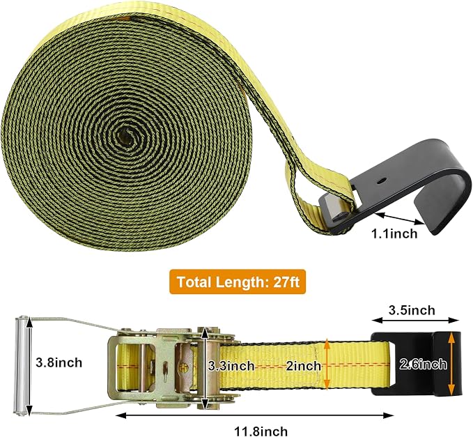 TLGREEN 4 Pack 2 in x 27 FT Flat Hook Ratchet Straps (11,000 lbs Break Strength), Heavy Duty Tie Down Straps for Trucks (Yellow)