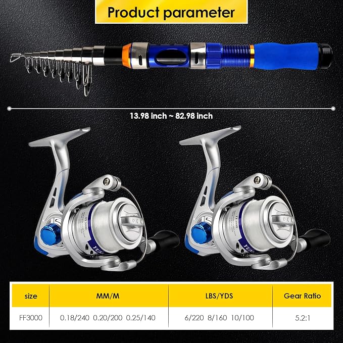 2-Pack 6.89FT Telescopic Fishing Rod Reel Combo Tackle Box Travel Carry Bag | Collapsible Pole Spinning Reel Lure Accessory Storage Bag Portable Fishing Gear Kit for Saltwater Freshwater Fishermen Gift