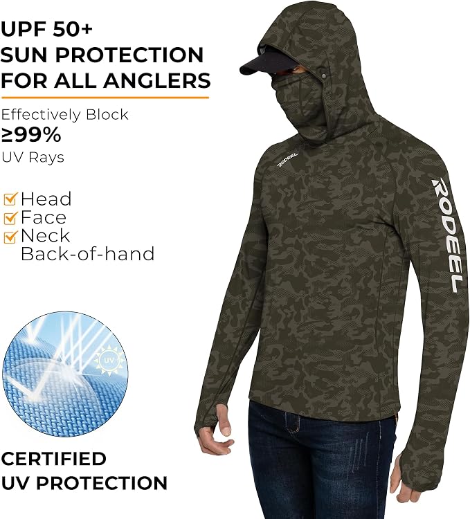 Rodeel Men's UPF 50+ Performance Fishing Hoodie, Long Sleeve Sun Protection Athletic Quick-Dry Breathable T-Shirt