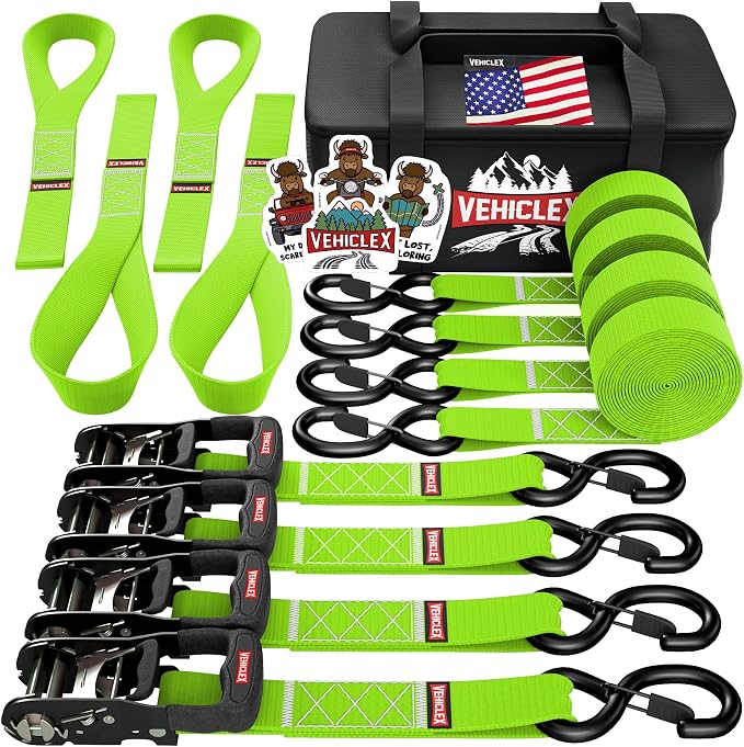 Vehiclex 1.5" x 15 ft 4,400 lb Heavy Duty Ratchet Tie Down Straps with Soft Loops – 4PK for Cargo & Equipment – Green