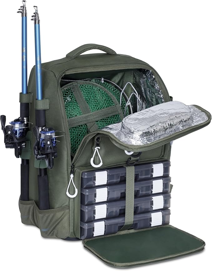 Fishing Backpack with Tackle Boxes and Rod Holders 40L; Plus Rain Cover, Padded Back Support, Insulated Front Pocket for Hot/Cold Lunch, Water Bottle Holder(Army Green)