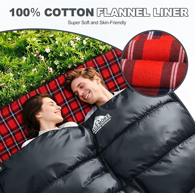 Cotton Flannel Double Sleeping Bag for Camping, Backpacking Or Hiking. Queen Size 2 Person Waterproof Sleeping Bag for Adults Or Teens. Lightweight with Compression Sack