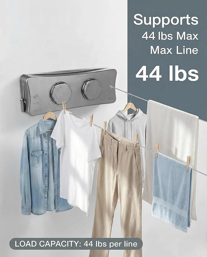 Retractable Clothesline Indoor Outdoor Clothes Line | Heavy Duty 44 lb Clothes Drying Laundry Line | Wall Mounted Double Clothing Line 16.7 ft | Non-Sagging Easy Install for Courtyards