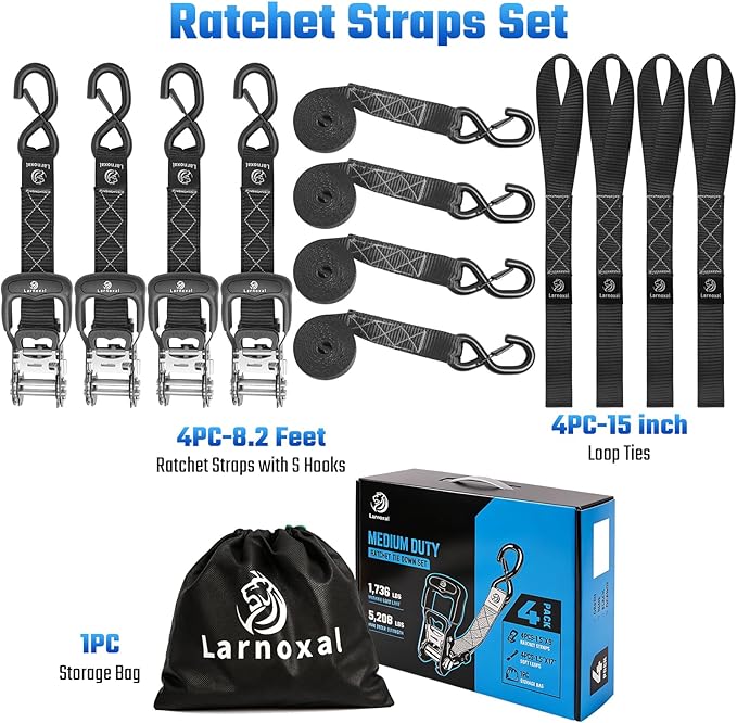Ratchet Straps, 1.5 inch x 8.2 ft(4 Pack) Heavy Duty Tie Down Straps, Ratchet Tie Down Straps with Soft Loops-5,208 lbs (Black)