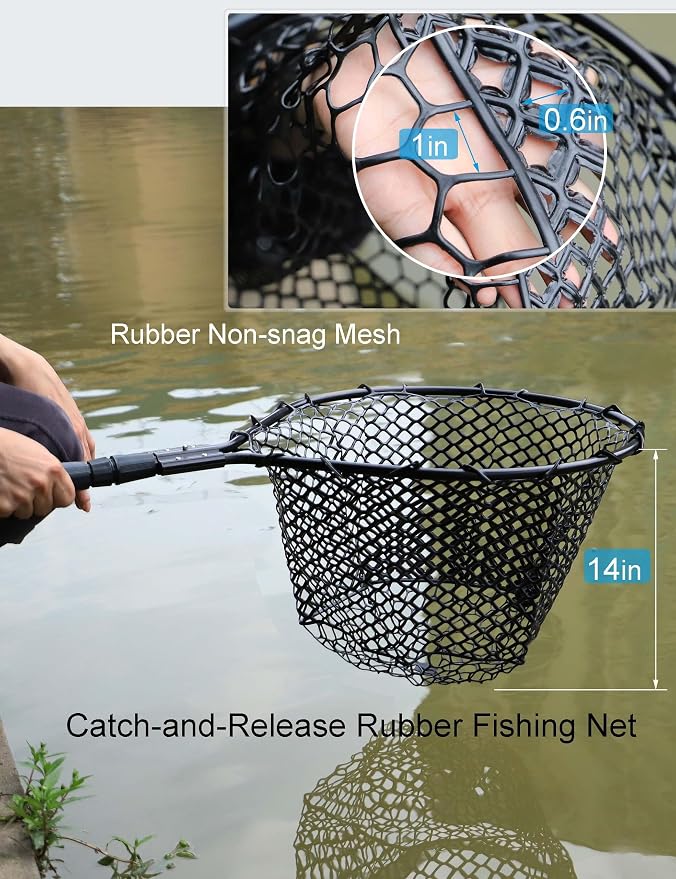 Hlotmeky Extra Long Fishing Net - 70" Telescoping Handle Large Rubber Landing Net for Kayak, Pier & Boat - Foldable Heavy Duty Saltwater Net - Catch & Release Snag-Free Mesh for Large Fish