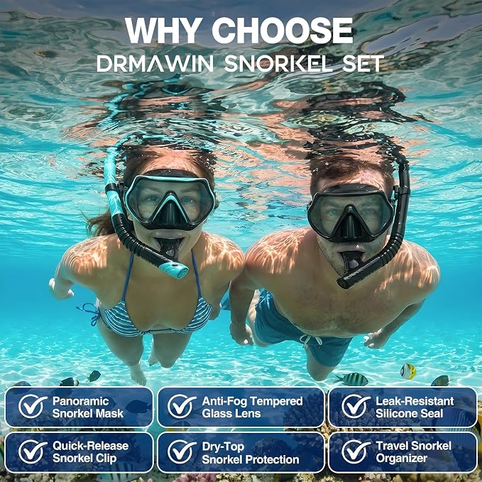 DRMAWIN Snorkeling Gear for Adults & Kids, Dry-Top Snorkel Set with 180° Tempered Glass Mask, Anti-Fog Anti-Leak, Travel Mesh Gear Bag