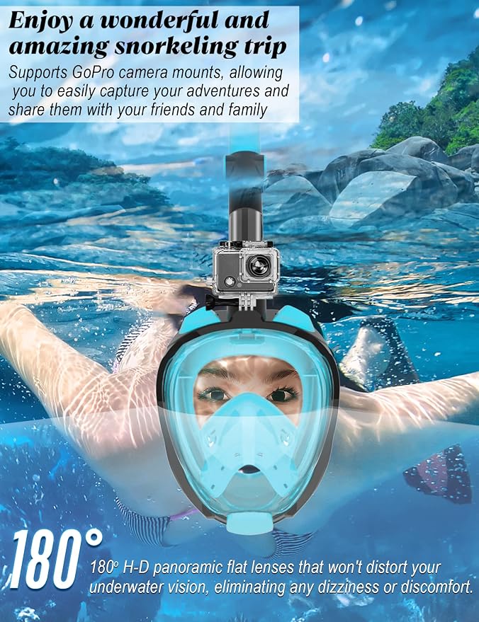 WSTOO Full Face Snorkel Mask, Dry Top Snorkeling Gear for Adults, 180° Panoramic Foldable Design with Camera Mount, Safe Mouth/Nose Breathing, Anti-Fog & Anti-Leak
