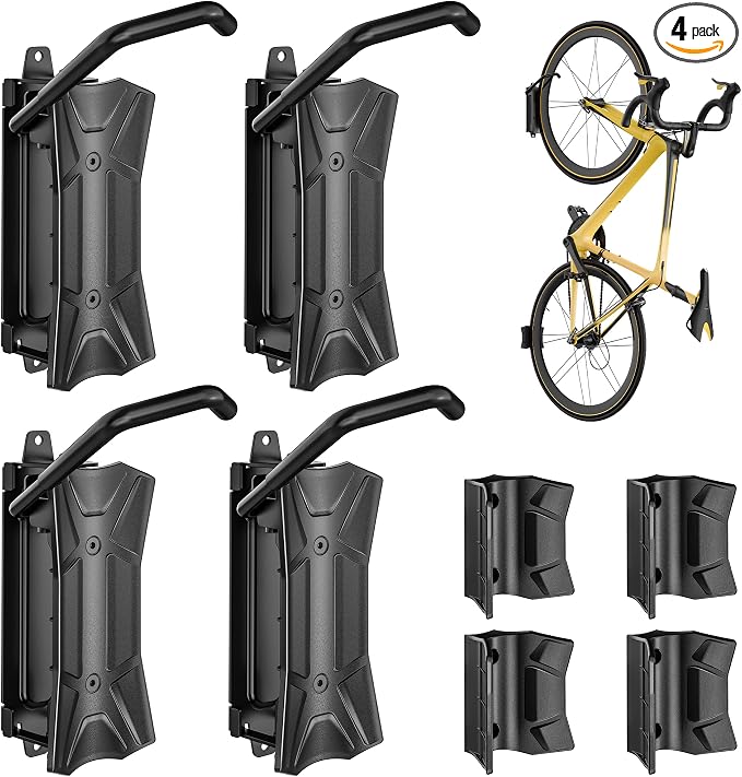 monTEK Heavy Duty Bike Wall Mount, Swivel Bike Wall Hanger Holds Up to 77lbs, Space-Saving Bike Rack Garage, Bike Storage for Bedroom Home Office, 4 Pack