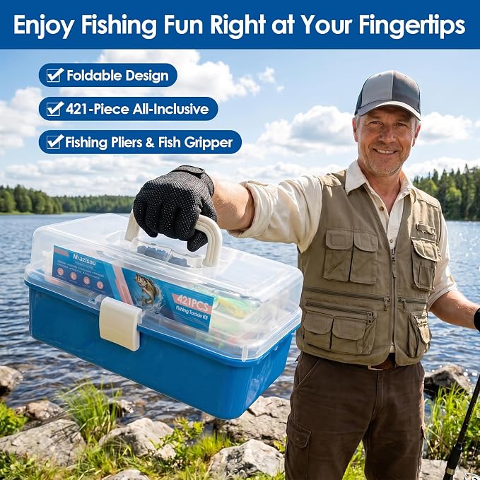 Fishing Lures Kit, 421PCS Tackle Box-(Blue) | Included Fishing Pliers, Hooks, Soft Baits, Weights,Accessories - Complete Freshwater Bass Fishing Gear Kit for Men with Gift
