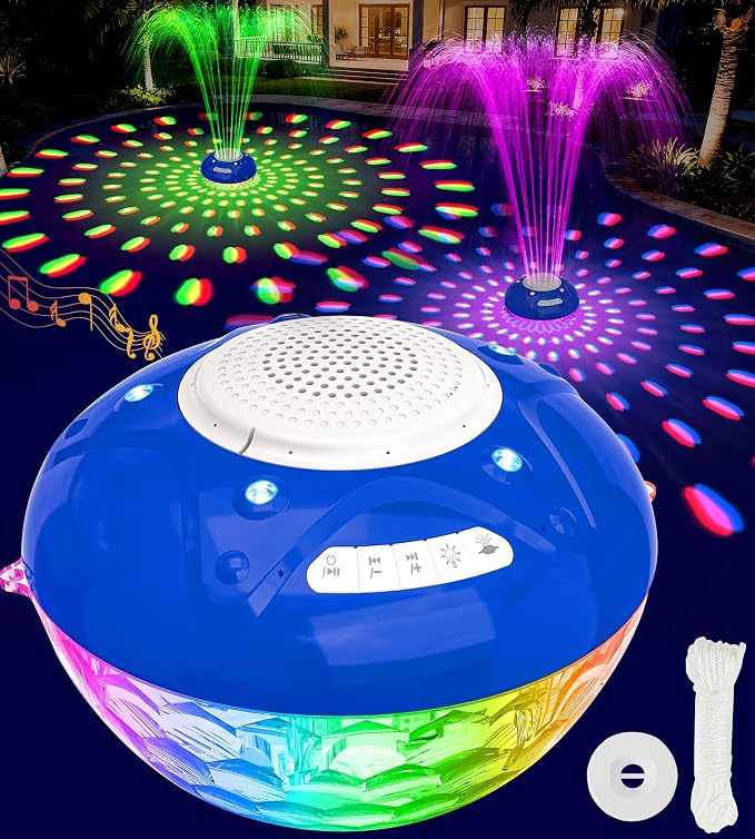 Luxfero 3 in 1 Pool Fountain with Bluetooth Pool Speaker, Floating Pool Fountain with Lights, IP68 Waterproof Hot Tub Speaker Pool Water Fountain Pump, BT5.4, Loud Sound Pool Fountain Speaker-Blue