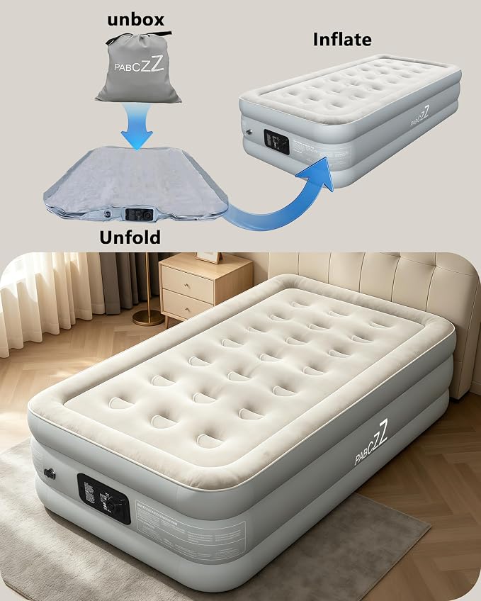 air Mattress, 18-inch Thickened Twin air Mattress, Suitable for Home use, Camping and Travel, Features Quick Inflation and deflation to Save You time (Light Gray, Twin)