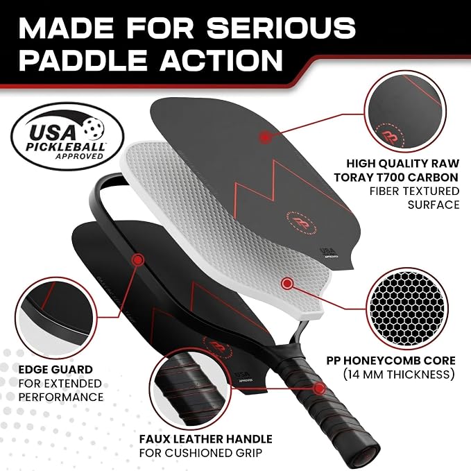 Precision Pro Carbon Fiber Pickleball Paddles Set of 2 — USAPA Approved, T700 Carbon, 14mm Honeycomb Core, 4 Indoor Outdoor Balls, Carry Bag, Pickleball Set for Beginners and Intermediate Players