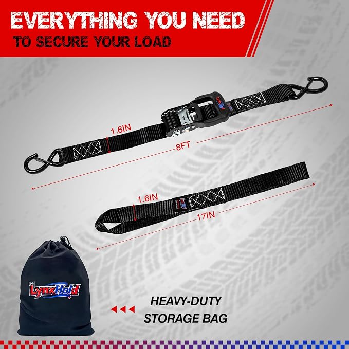 Ratchet Tie Down Straps, 1.6" x 8', 5280 lbs Break Strength, Heavy Duty Ratchet Straps with Padded Handles, Coated S-Hooks, Safety Clips & Soft Loops for Truck, ATV, UTV, Motorcycle & Cargo, Black