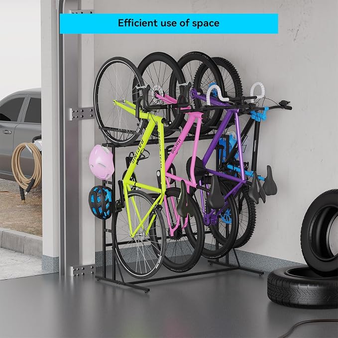 YBING Freestanding Bike Rrack Garage - 4 Bikes Vertical Bike Storage Stand, Floor Stand Bike Racks for Home and Garage Organizer, Indoor, Outdoor