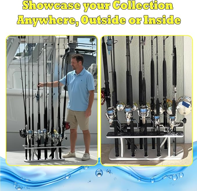 Rush Creek Creations Reel Salty Fishing Rod Holder Rack for 13 Rods – Marine Grade 2-Tier Storage Organizer, UV-Resistant Waterproof Rod Rack for Garage, Dock & Boat